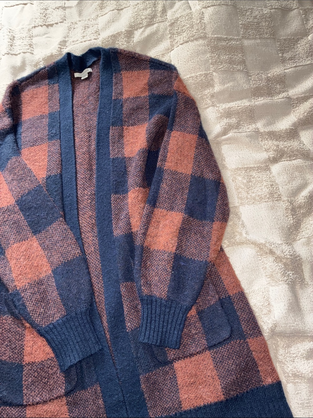 American Eagle Outfitters Navy and Rust Plaid Open-Front Cardigan - Picture 5 of 6